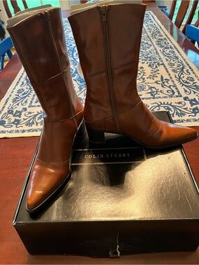 Colin Stuart Tan Leather Pointed Mid-Calf Heeled Boots